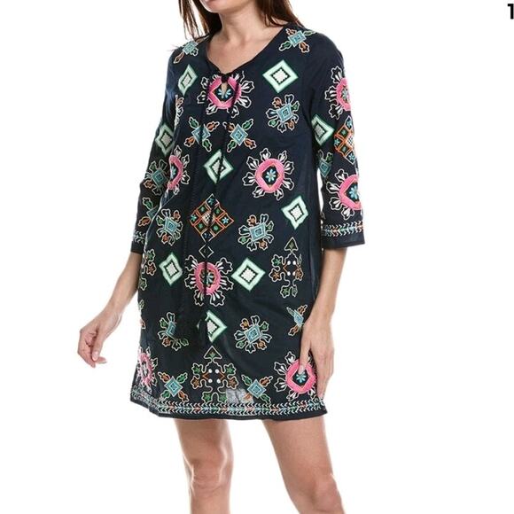 Frances Valentine Capri Embroidered Cotton Tunic Dress Navy Multi Size Small - Picture 1 of 9